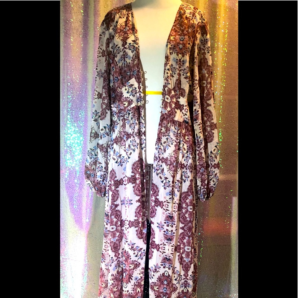Sheer floral floor length duster dress EUC